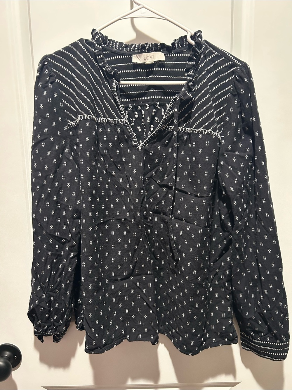 LOFT Black Printed V-Neck Peasant Blouse